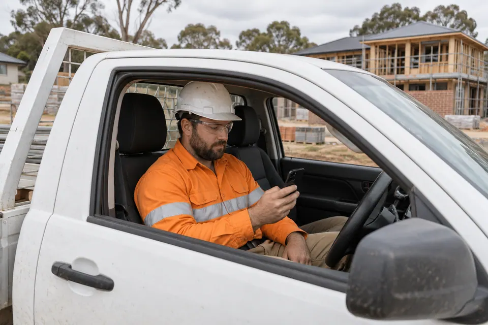 A subcontractor checks a phone in a parked ute.