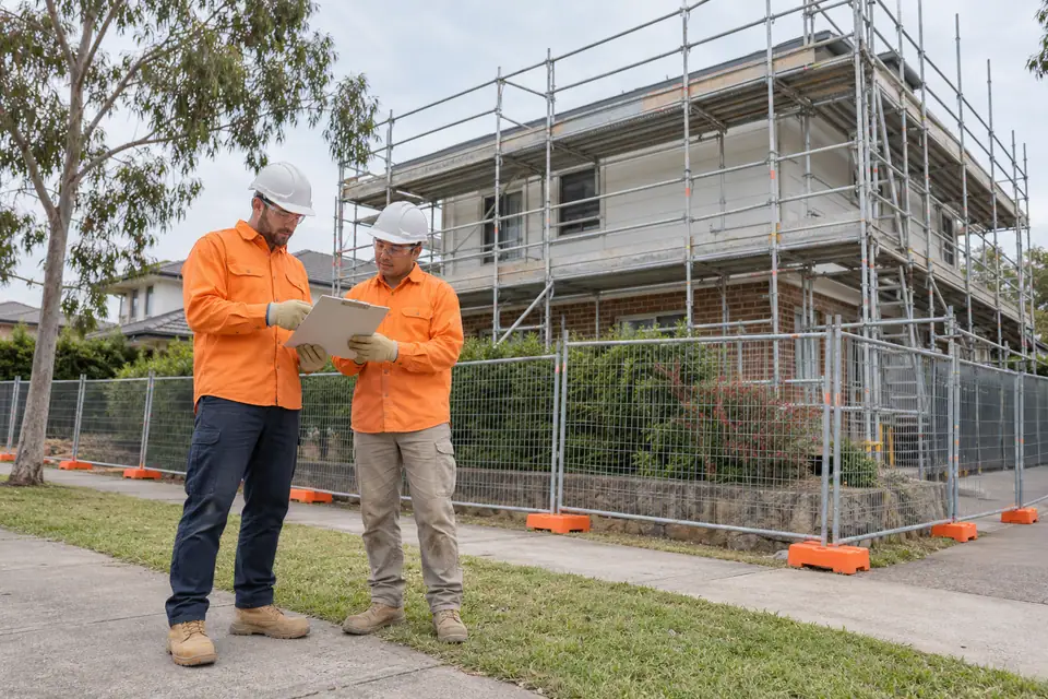 Two painters discuss a clipboard outside fencing beside a house and scaffold.