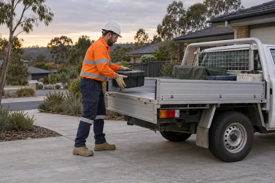 A sole trader loads a small tool case into a parked ute at dawn.