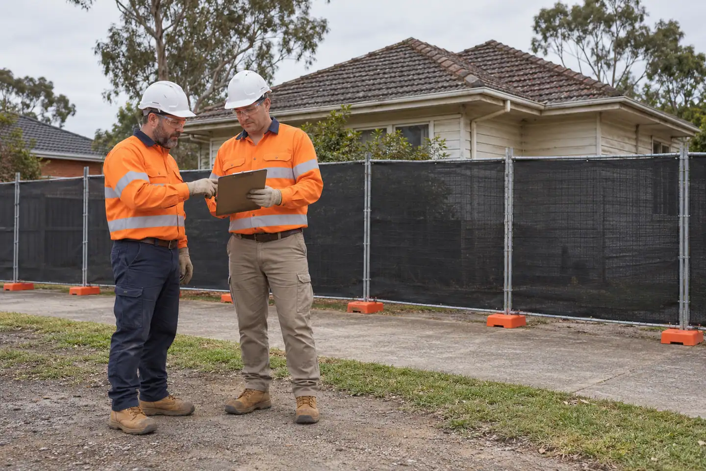 Two supervisors review a clipboard beside an intact older house and mesh-screened fencing.
