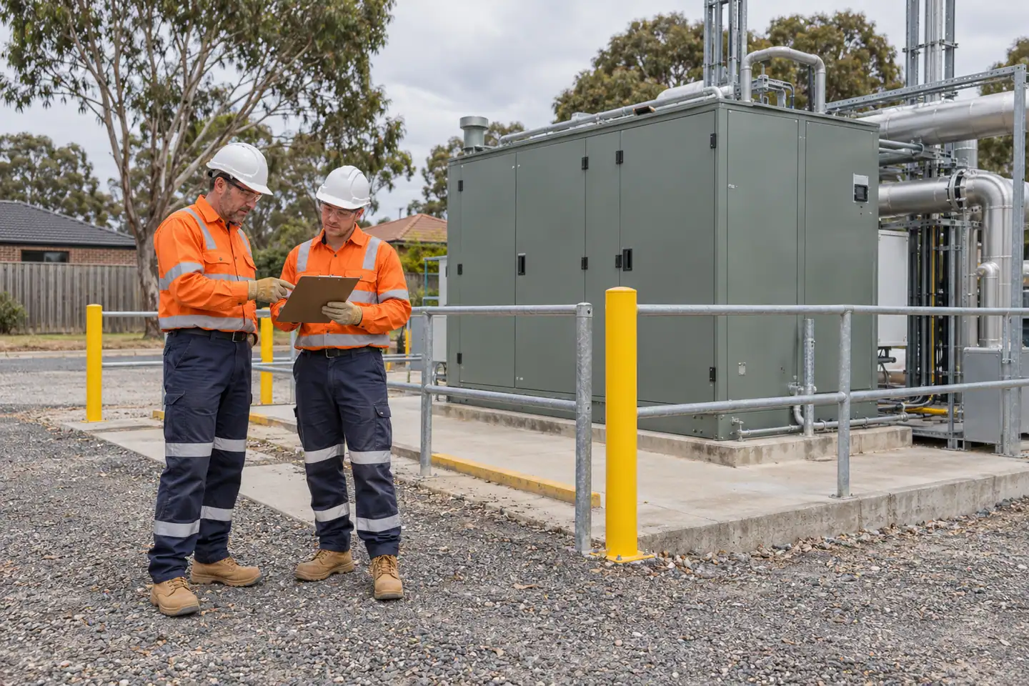 Two supervisors review a clipboard beside a closed plant cabinet and rail.