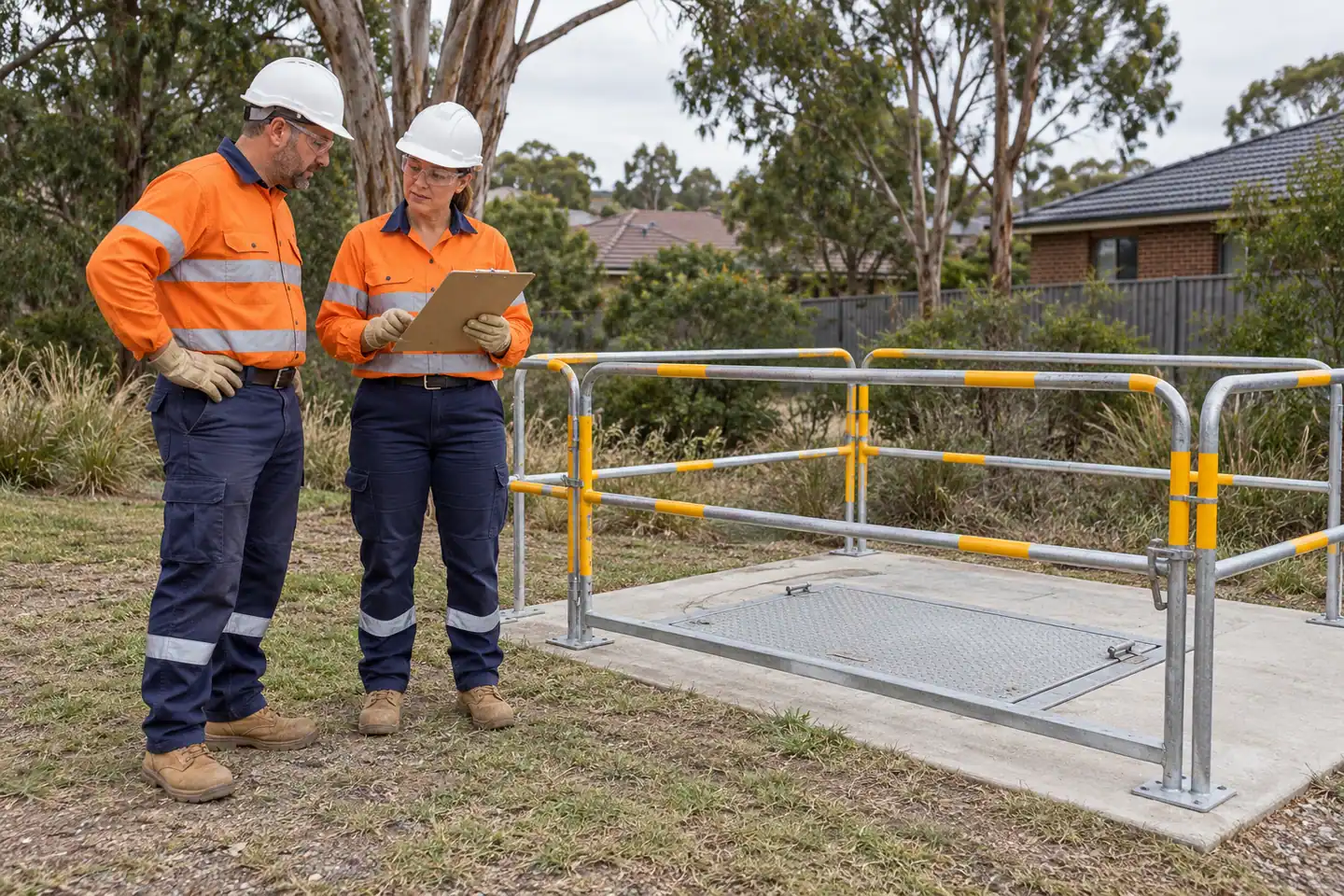 Two supervisors plan work beside railings around a closed access hatch.