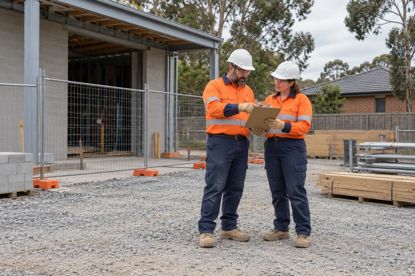 Two supervisors review a clipboard outside a mesh-fenced open building bay.