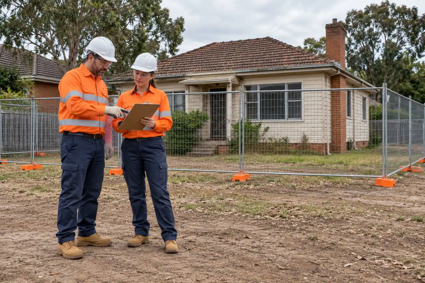 Two supervisors plan work beside an intact house and site fencing.