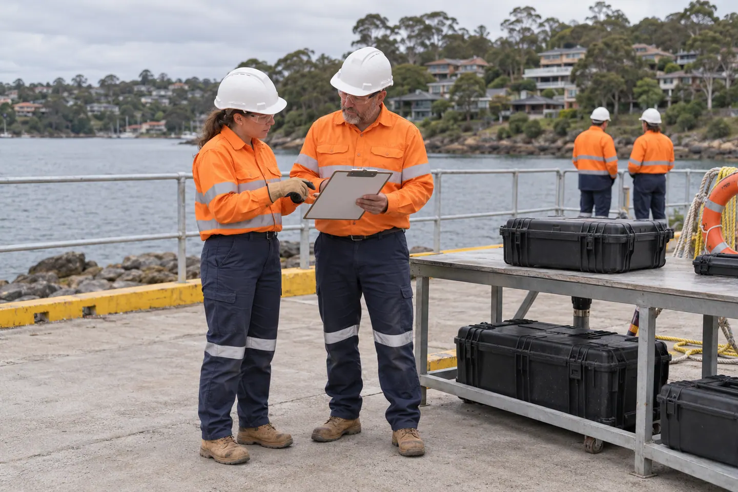 Supervisors discuss a clipboard beside closed cases at a waterfront staging area.