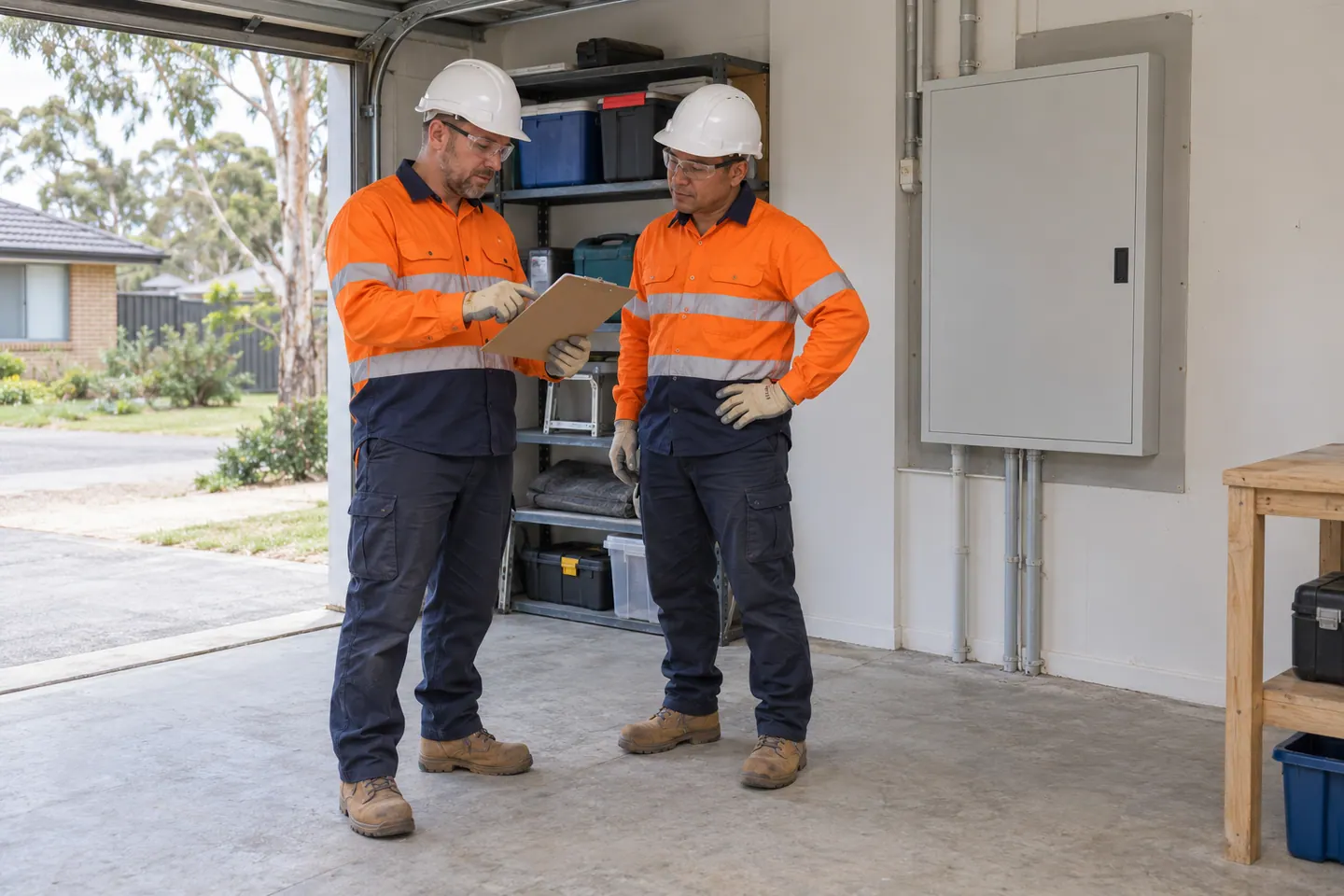 Two supervisors review a clipboard beside a closed wall enclosure in a dry garage.