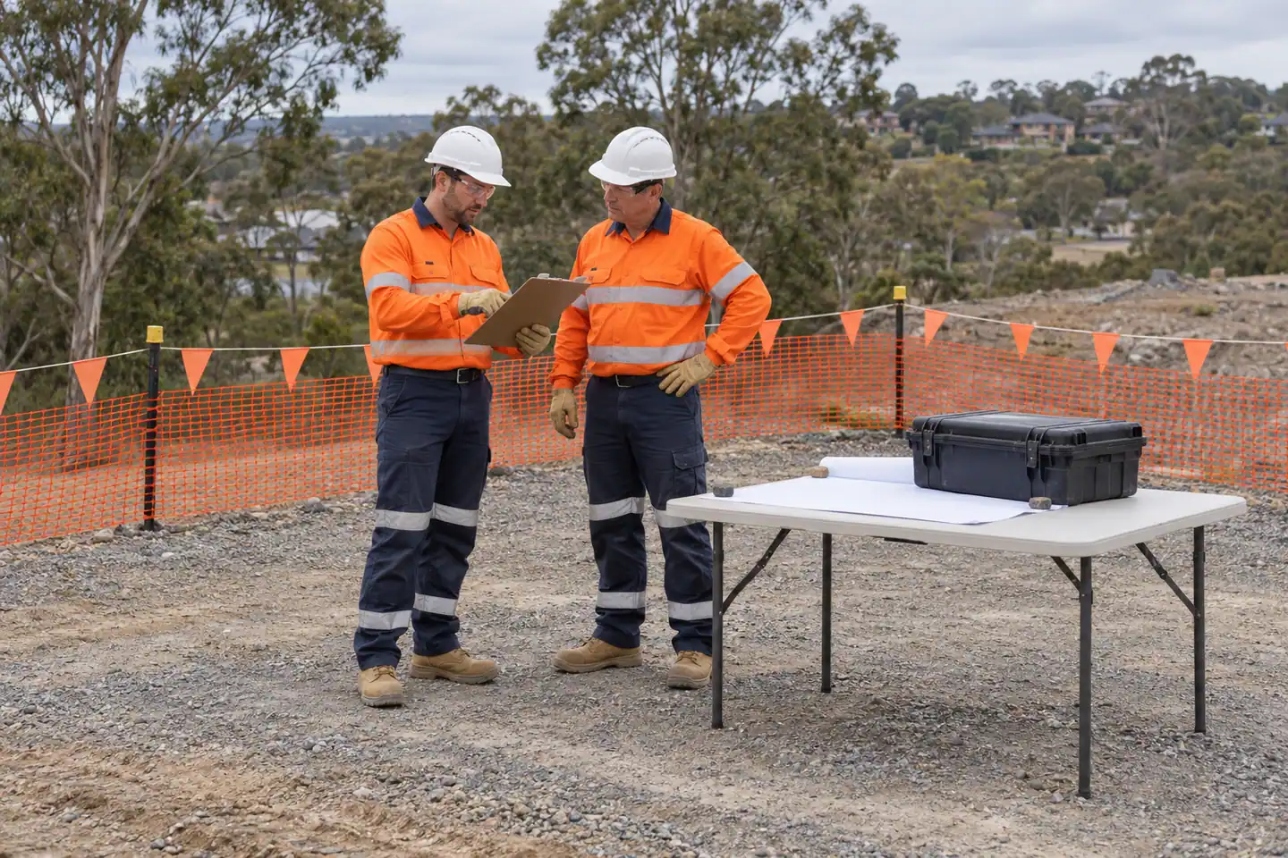 Two supervisors discuss a clipboard beside a closed case in an outdoor planning area.