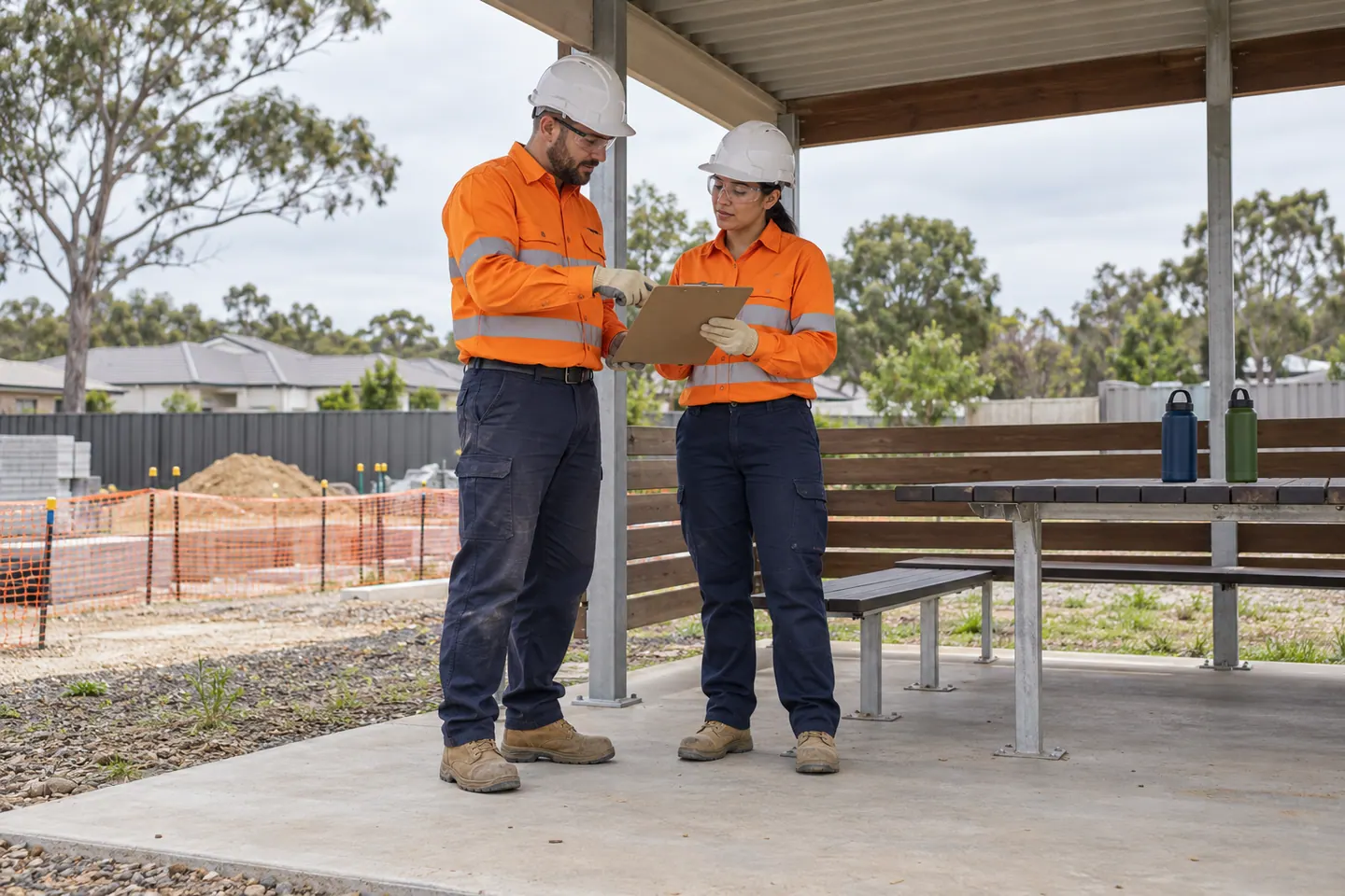 Two supervisors pause under a roofed shelter beside closed water bottles.
