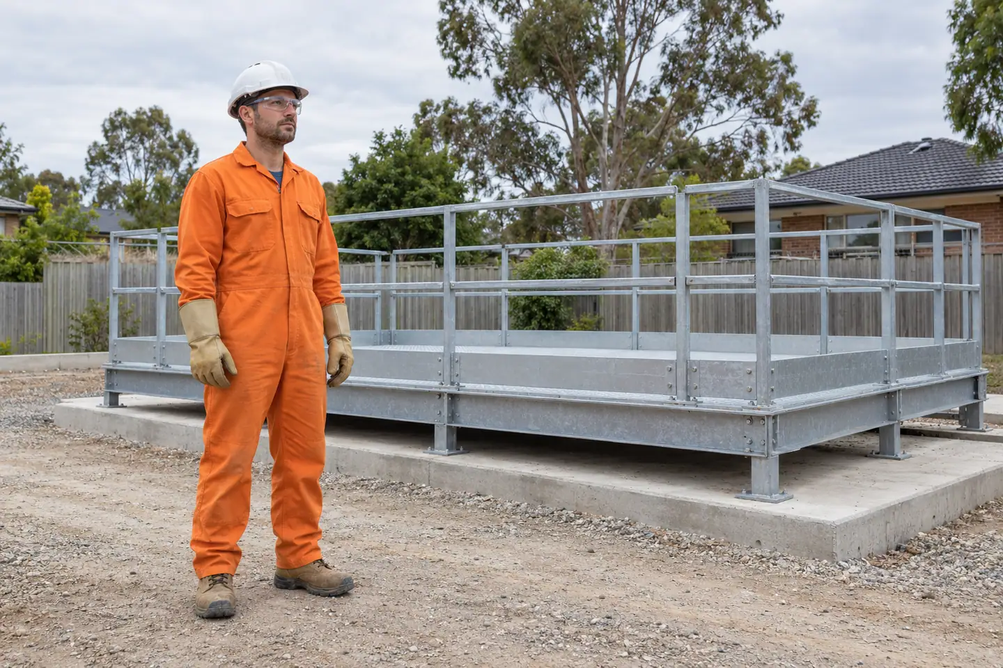 A supervisor stands beside an empty guarded low platform.