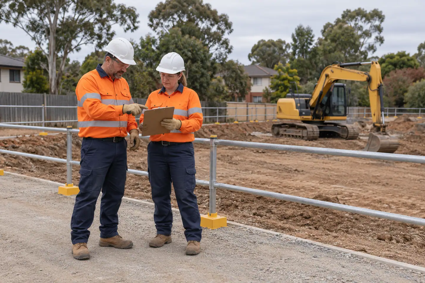 Two supervisors review a clipboard outside rails beside a parked-looking excavator.