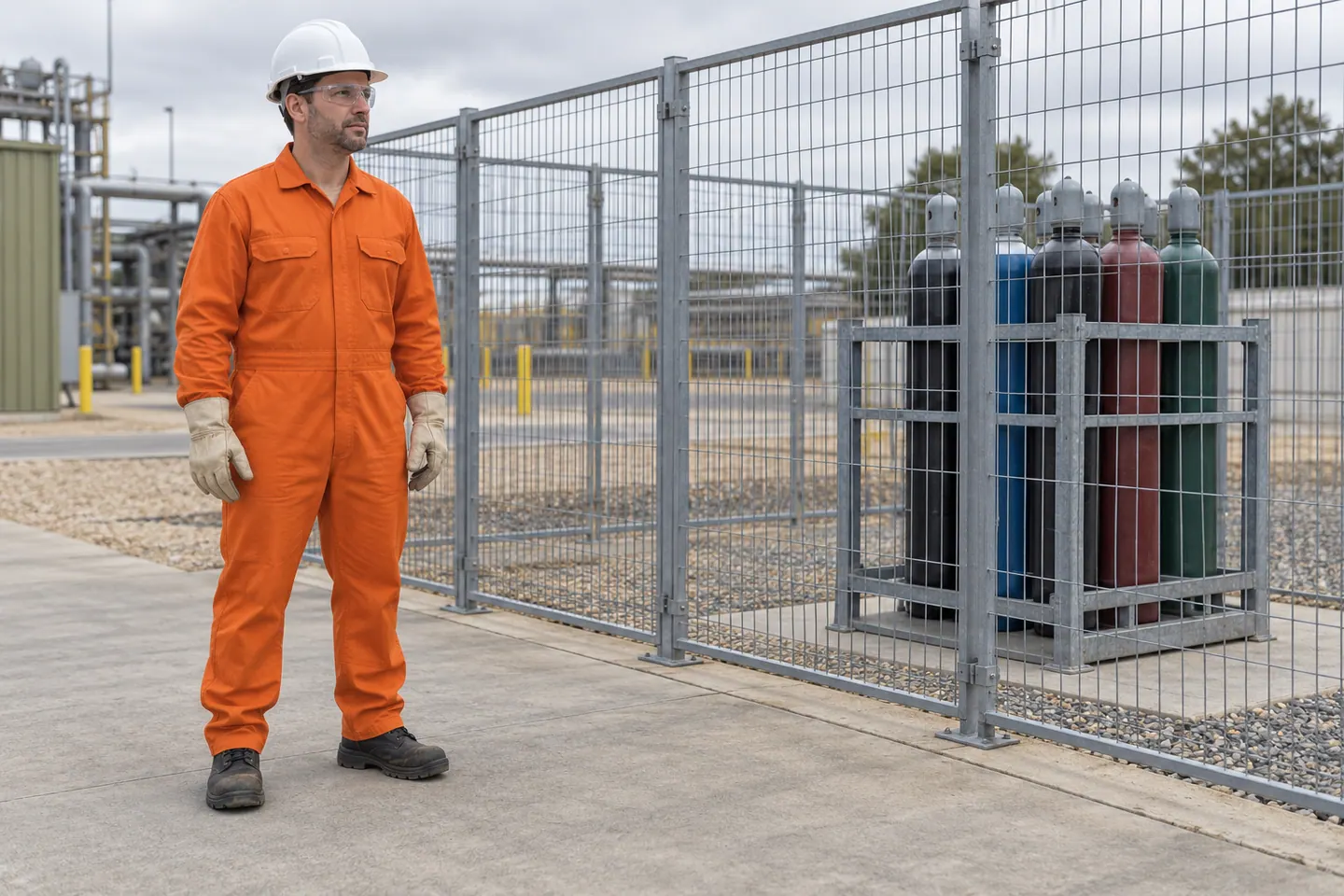 A supervisor stands outside fencing beside capped cylinders.