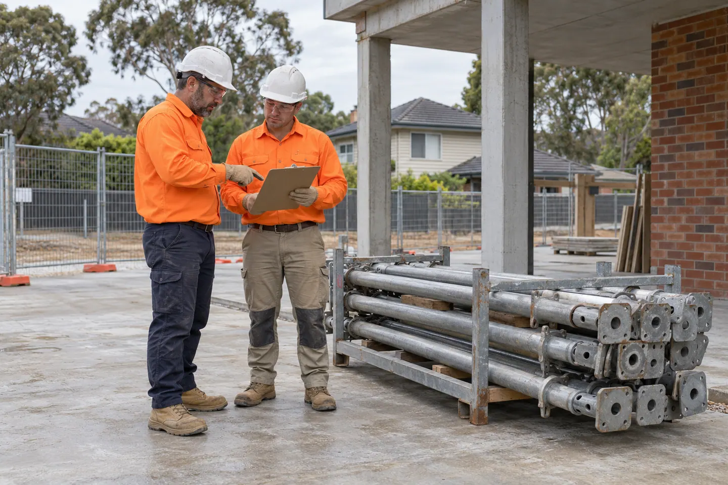 Two supervisors review a clipboard beside stored props in a low stillage.