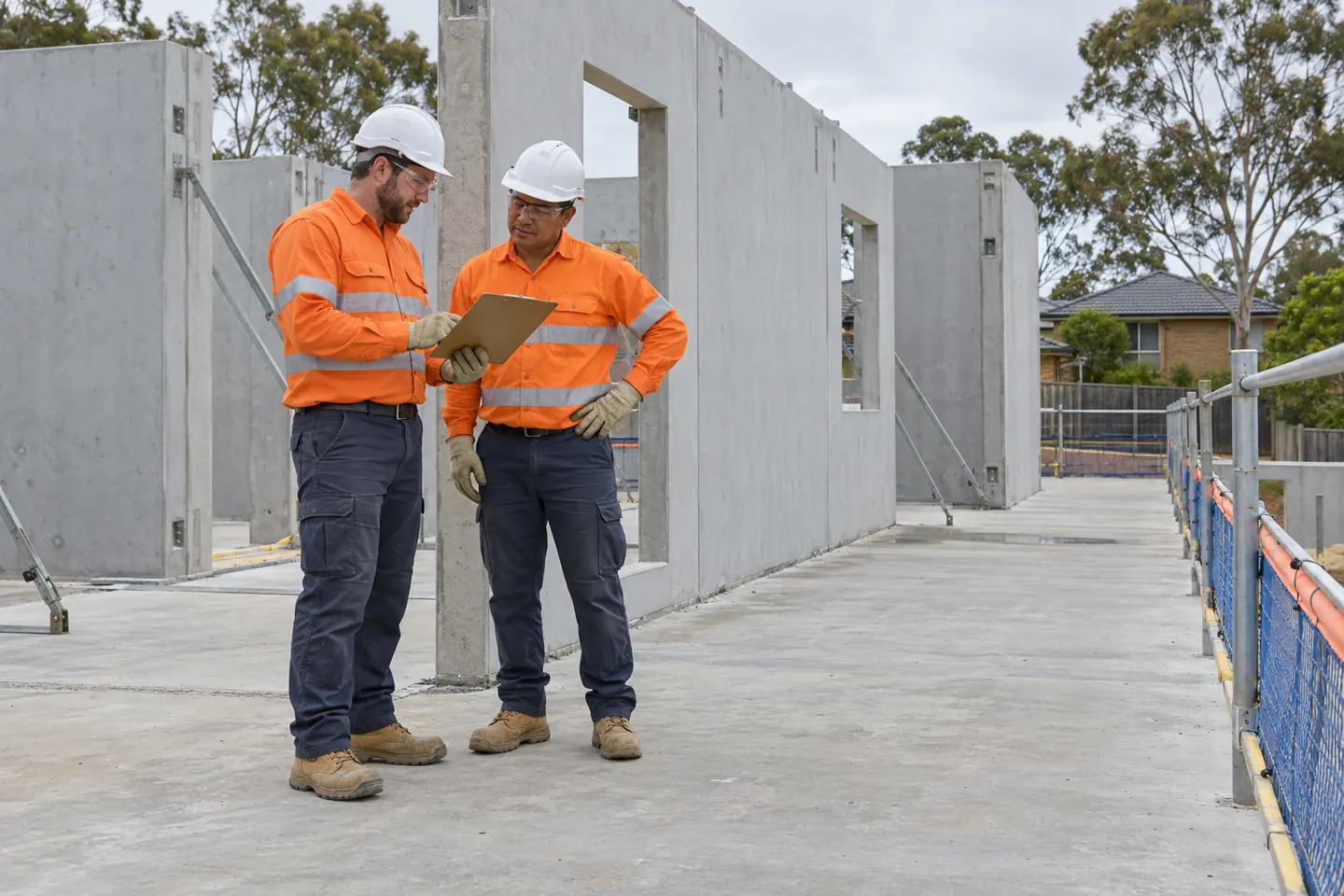 Two supervisors review a clipboard beside braced precast wall panels and a walkway boundary.