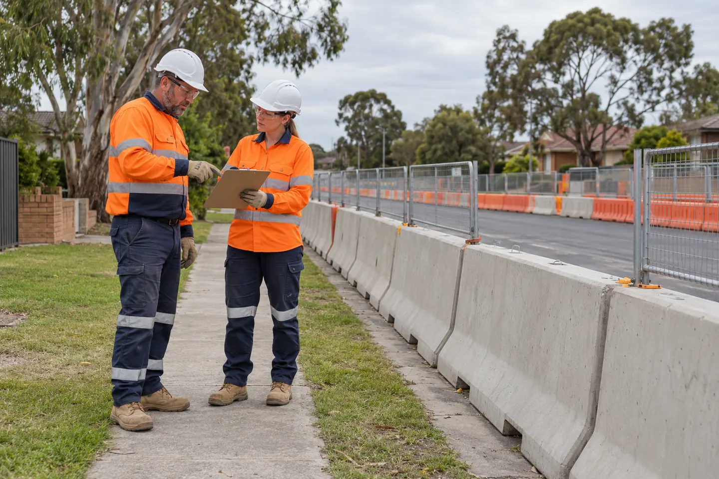 Two supervisors review a clipboard beside a concrete barrier and empty roadway.