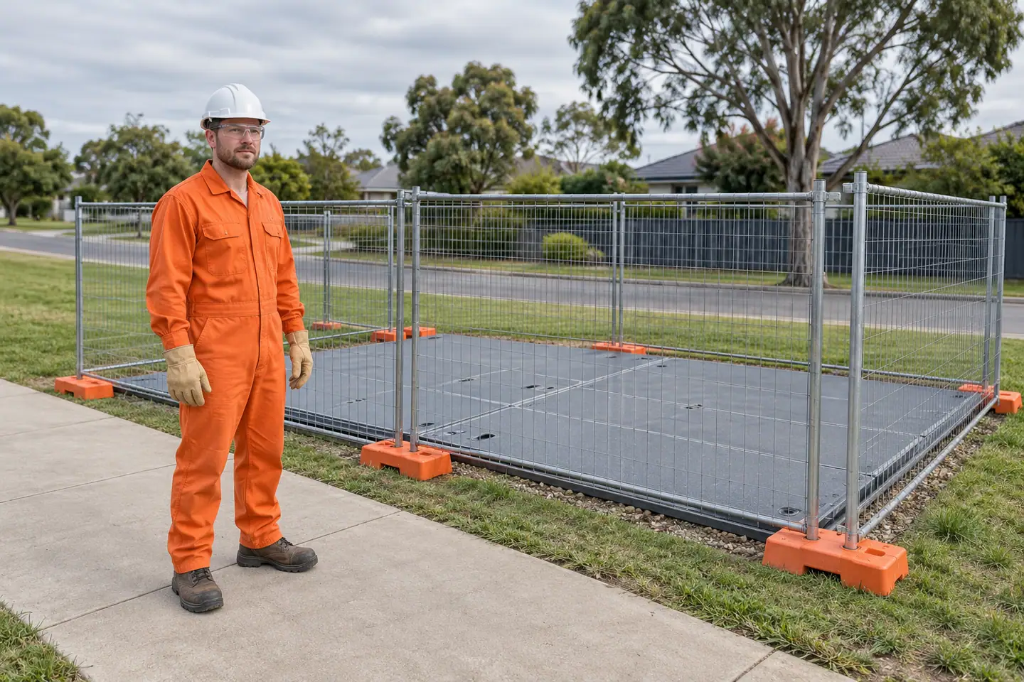 A supervisor stands outside fencing around a covered work area.