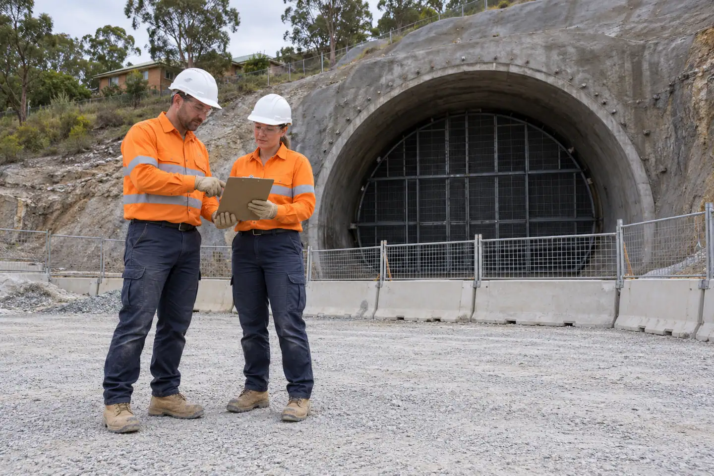 Two supervisors review a clipboard outside a tunnel approach.