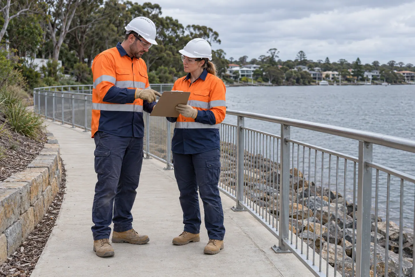 Two supervisors plan water drowning work from a clear protected area.