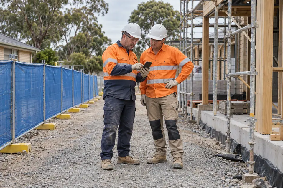 Two supervisors review a phone on a gravel site path beside a blue barrier.