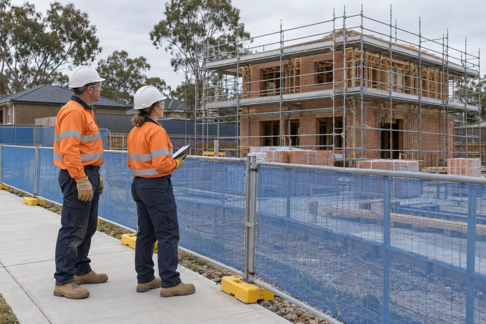 Two supervisors review an inactive site from a protected ground-level walkway.