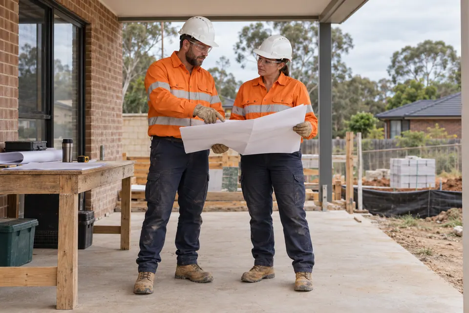 Two supervisors discuss plans at an Australian residential site office.