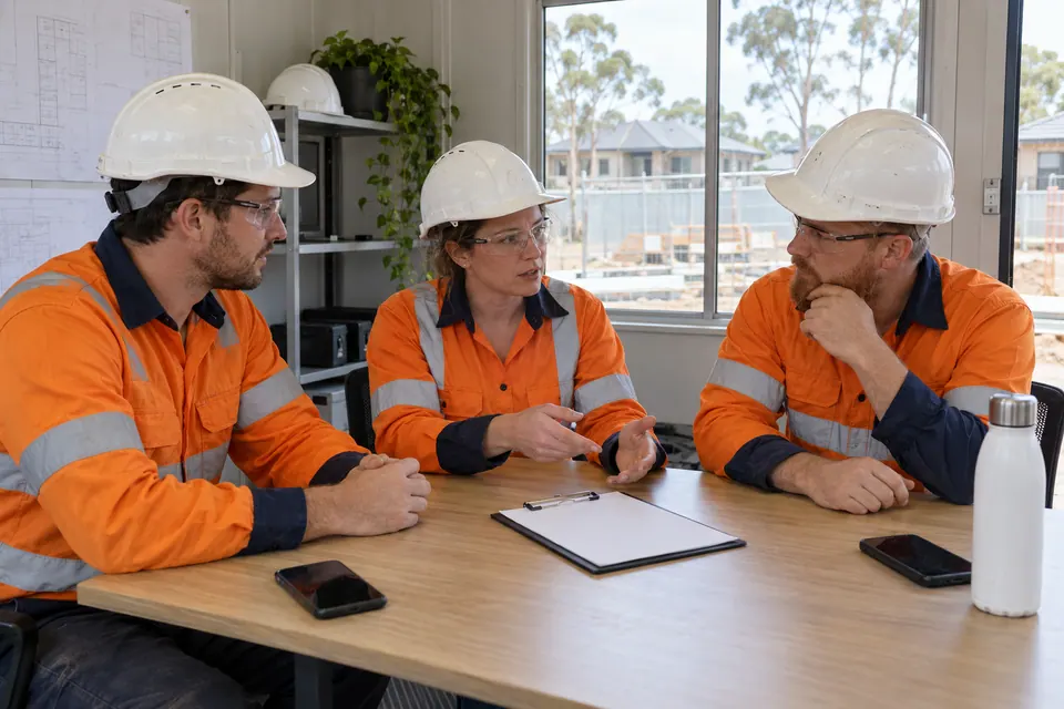 A crew discusses a work plan around a site-office table.