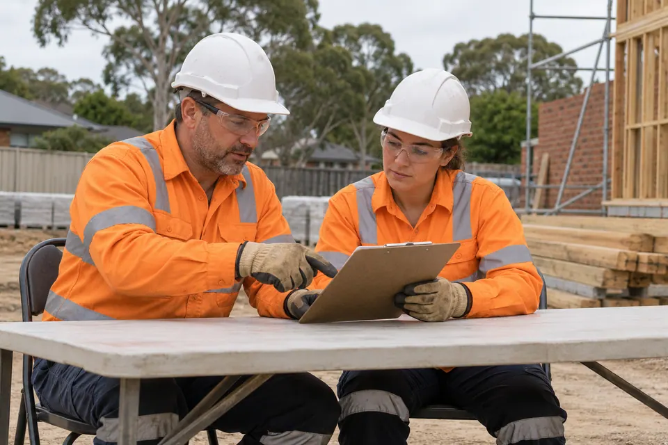 Two supervisors discuss a clipboard at a planning table.
