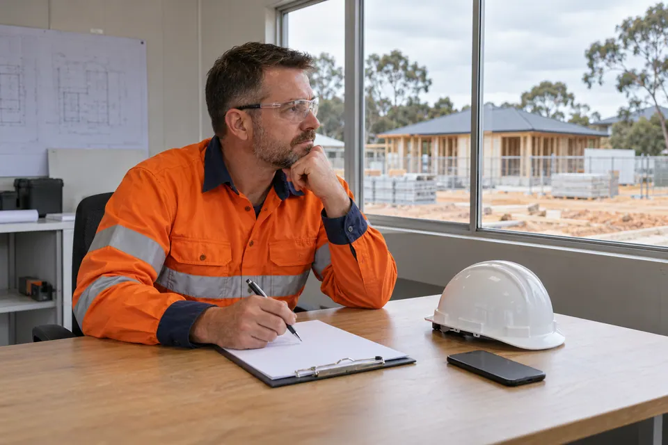 A supervisor plans a job at a tidy site-office table.
