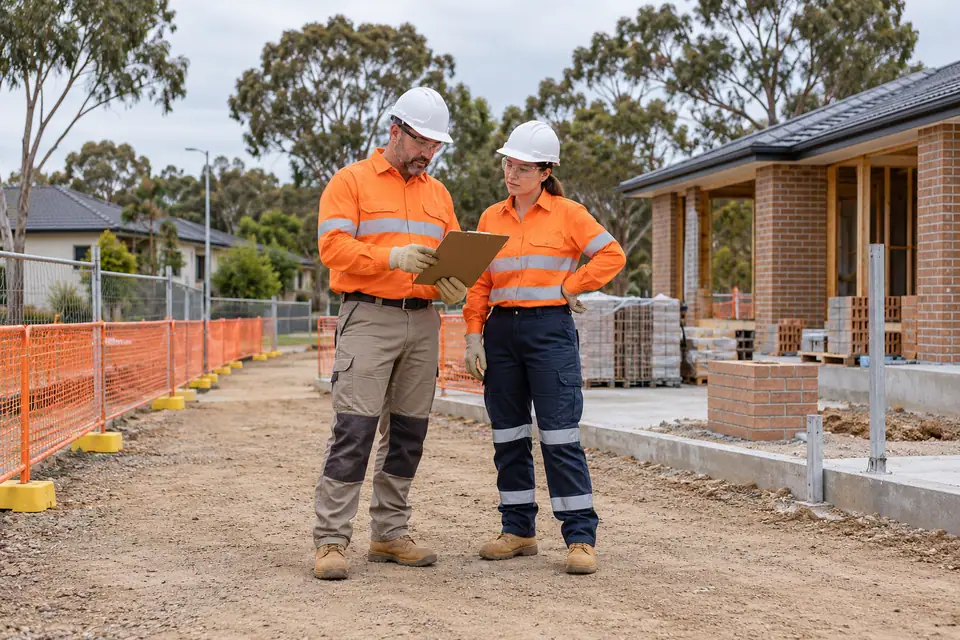 Two supervisors discuss a clipboard beside a fenced residential site path.