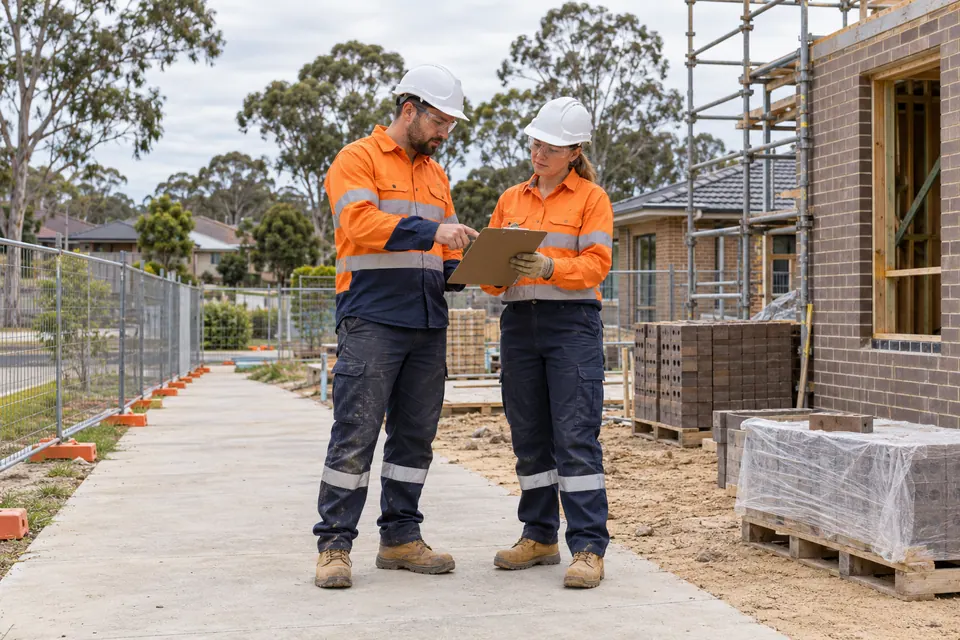 Two supervisors review a clipboard beside a brick residential build.