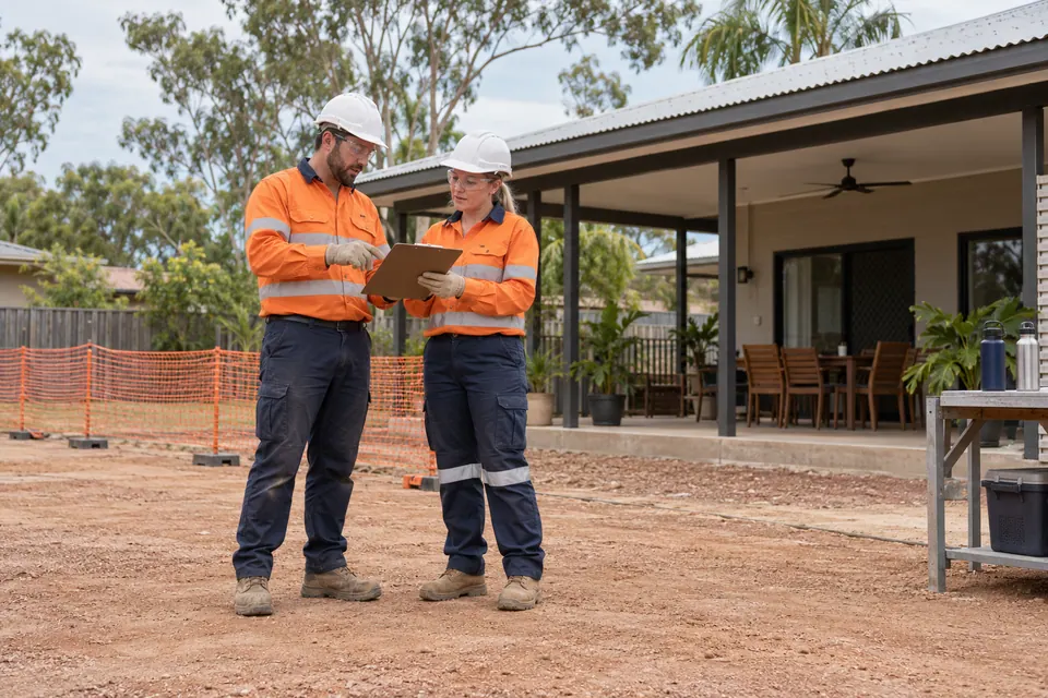 Two supervisors review a clipboard outside a low-rise building with a veranda.