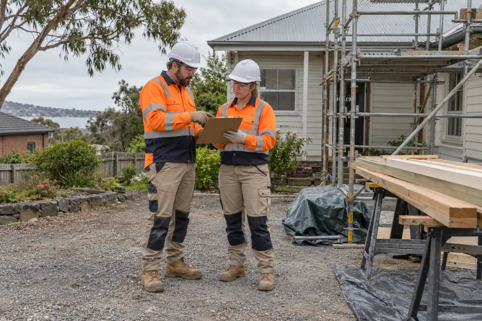 Two supervisors review a clipboard beside a weatherboard renovation.