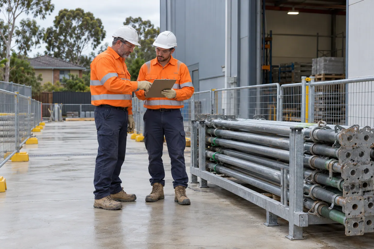 A demolition supervisor plans acrow props at a paused work area.