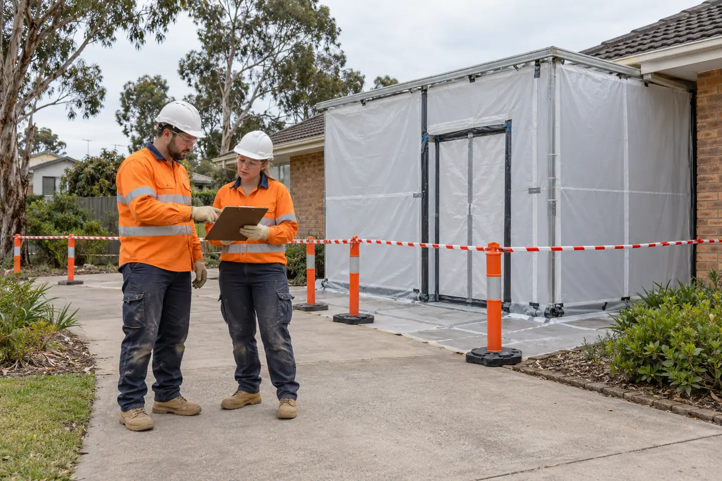 A removal supervisor plans asbestos licensed removal at a paused work area.