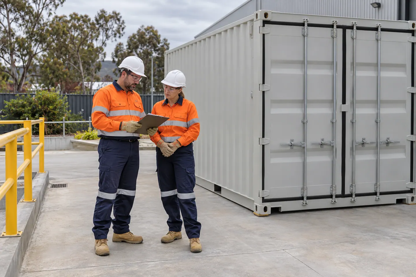 Two fictional removal workers review a clipboard beside a closed transport container.