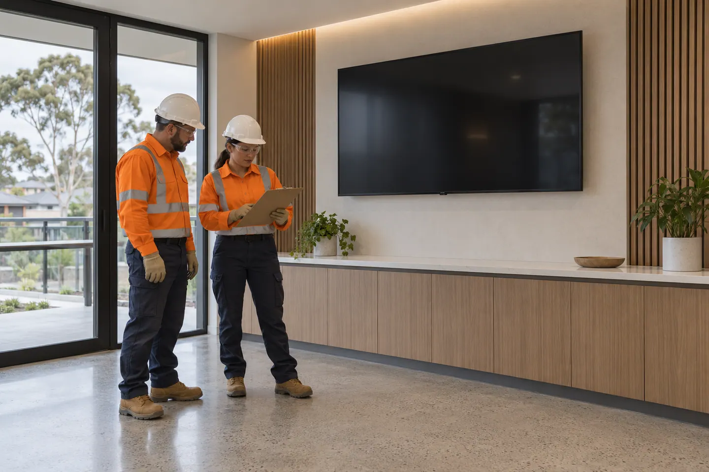 Two AV installers review a clipboard beside a blank wall display.