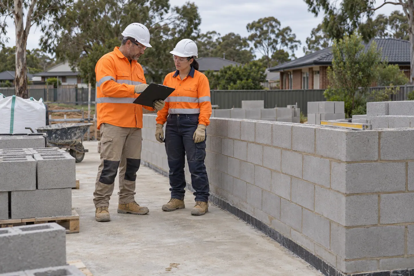 A bricklayer plans brick and block laying at a paused work area.