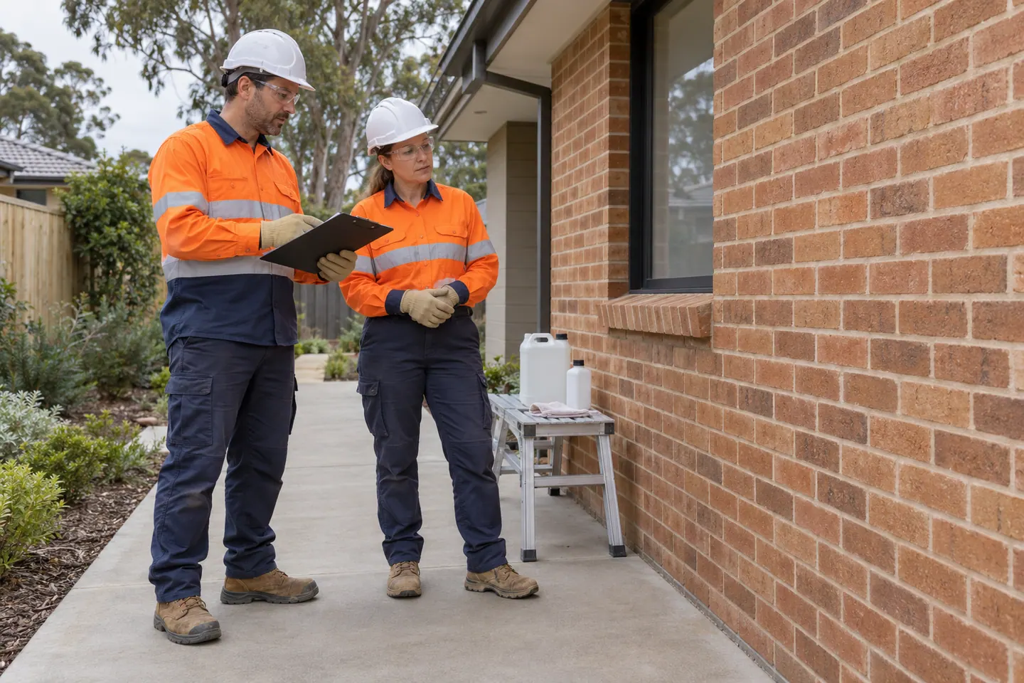 A cleaner plans brick cleaning at a paused work area.