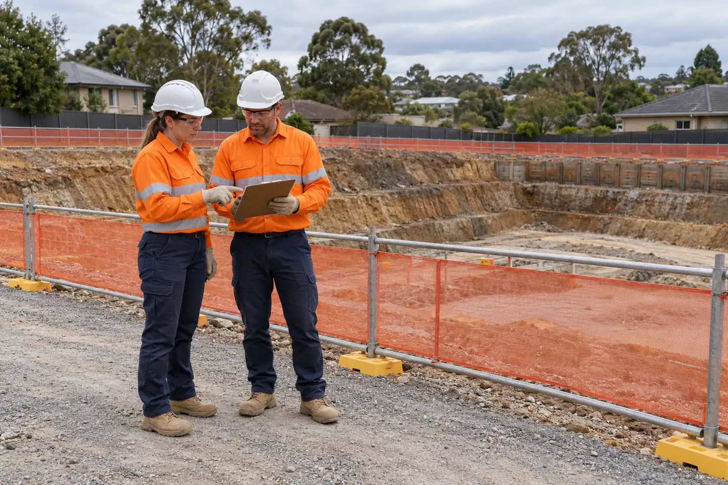 Two workers discuss bulk excavation beside a barrier.