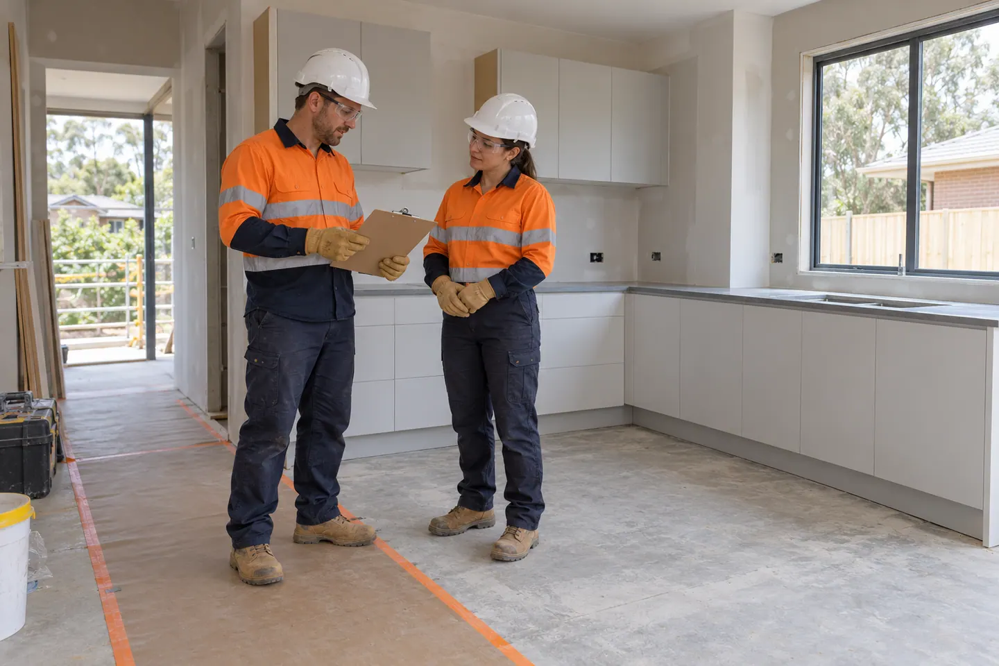A cabinet installer plans cabinet installation at a paused work area.