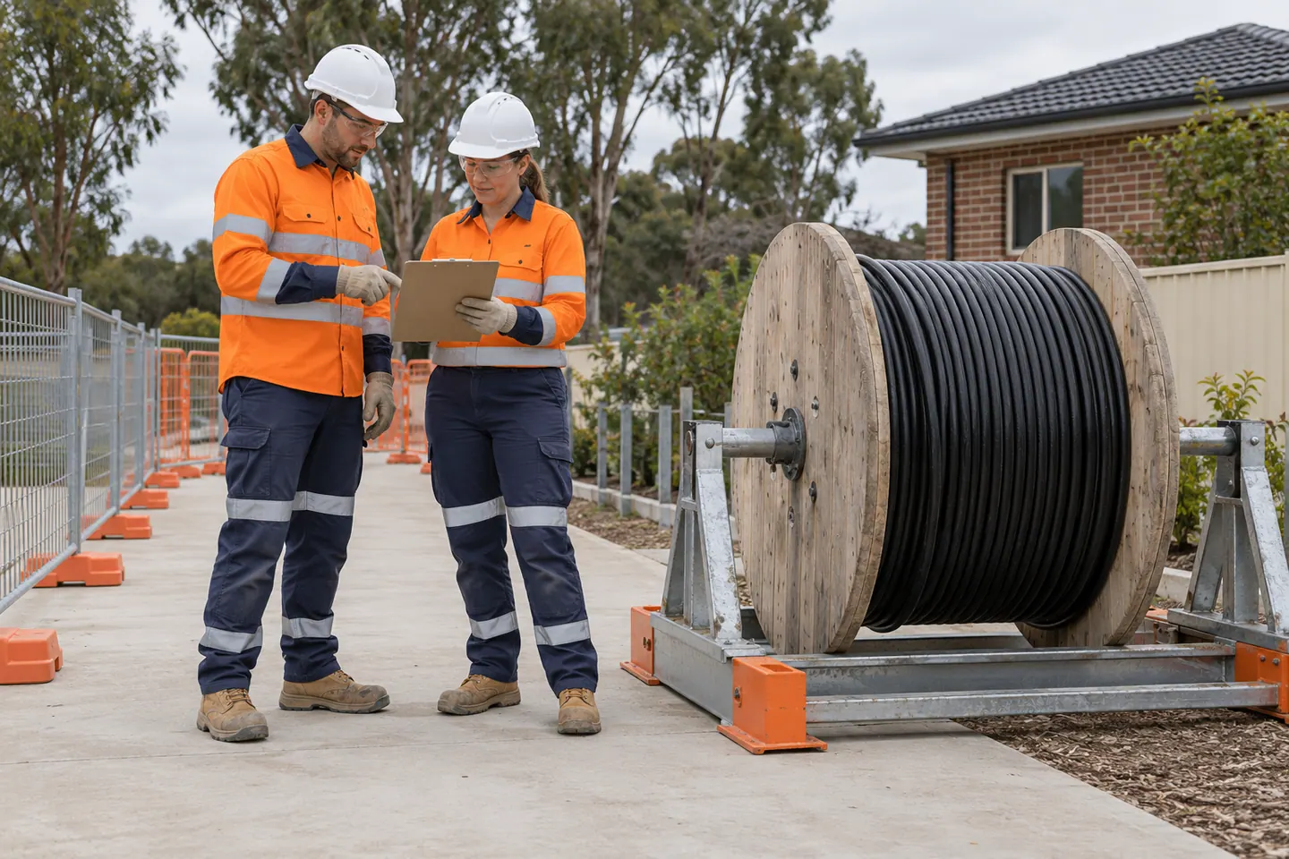 Two workers review a clipboard beside a cable drum on a support stand.