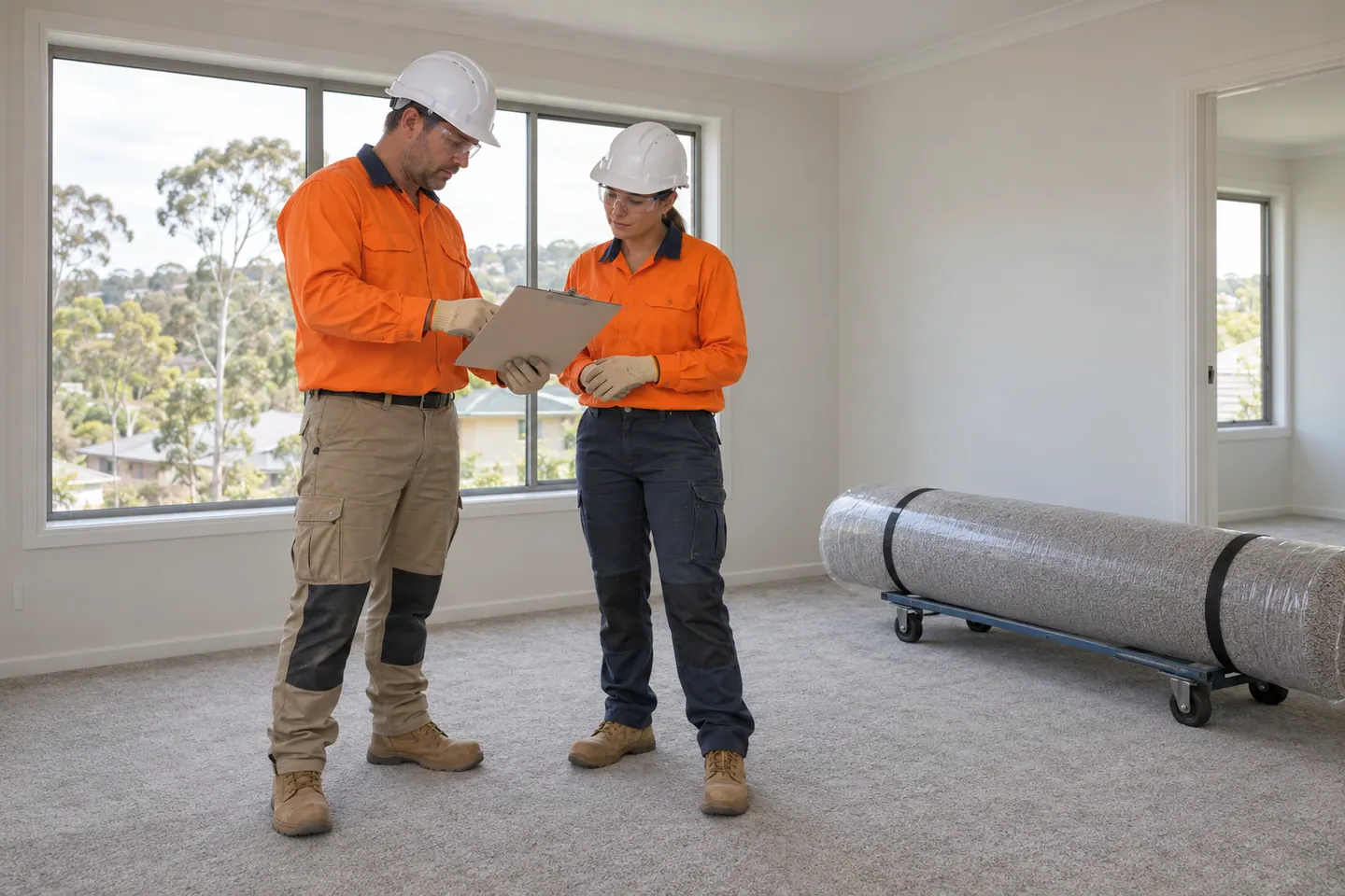A flooring installer plans carpet laying at a paused work area.