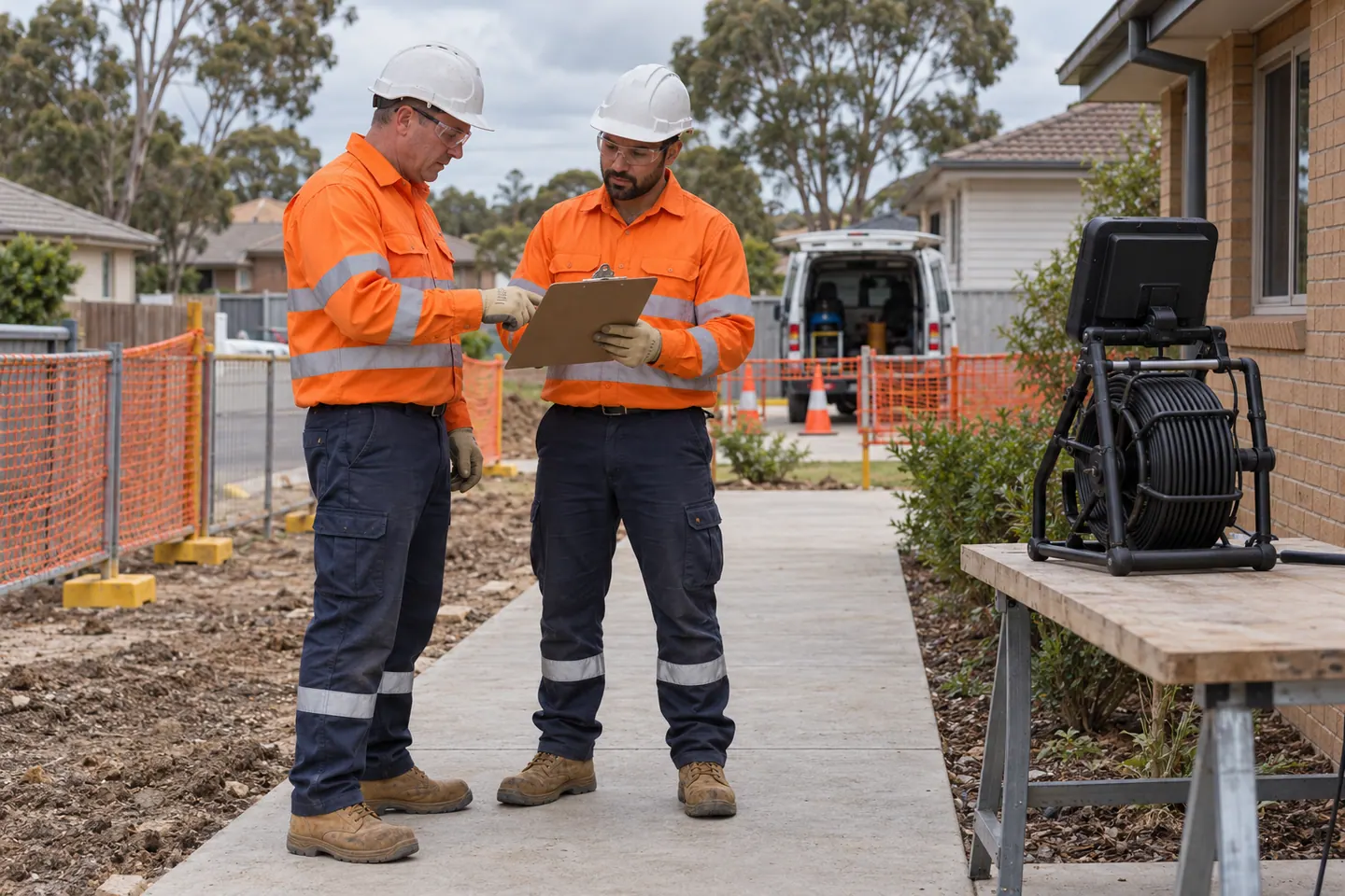 Two plumbers plan a drain inspection beside a camera reel.