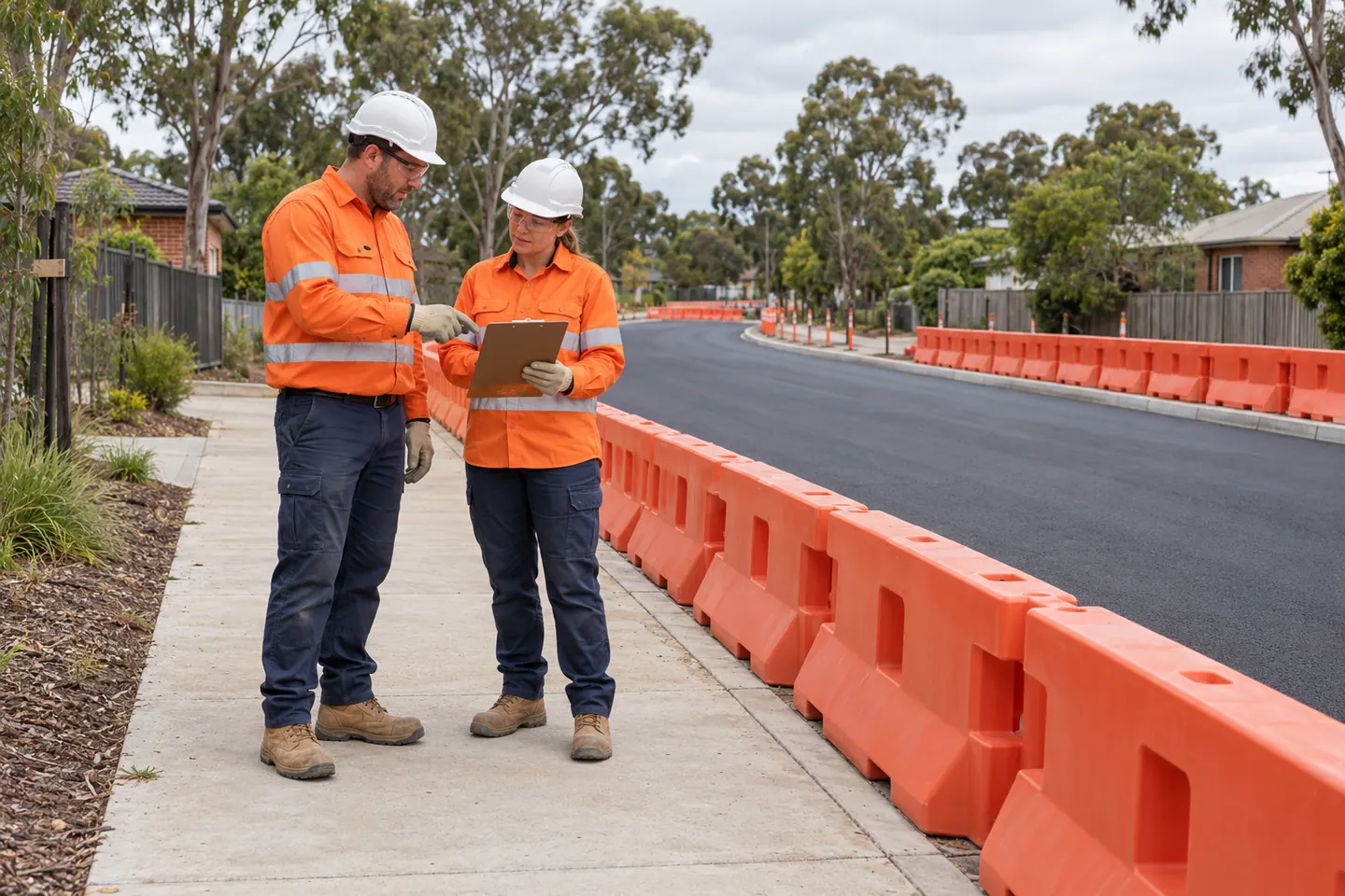 A civil supervisor plans civil road base and seal at a paused work area.