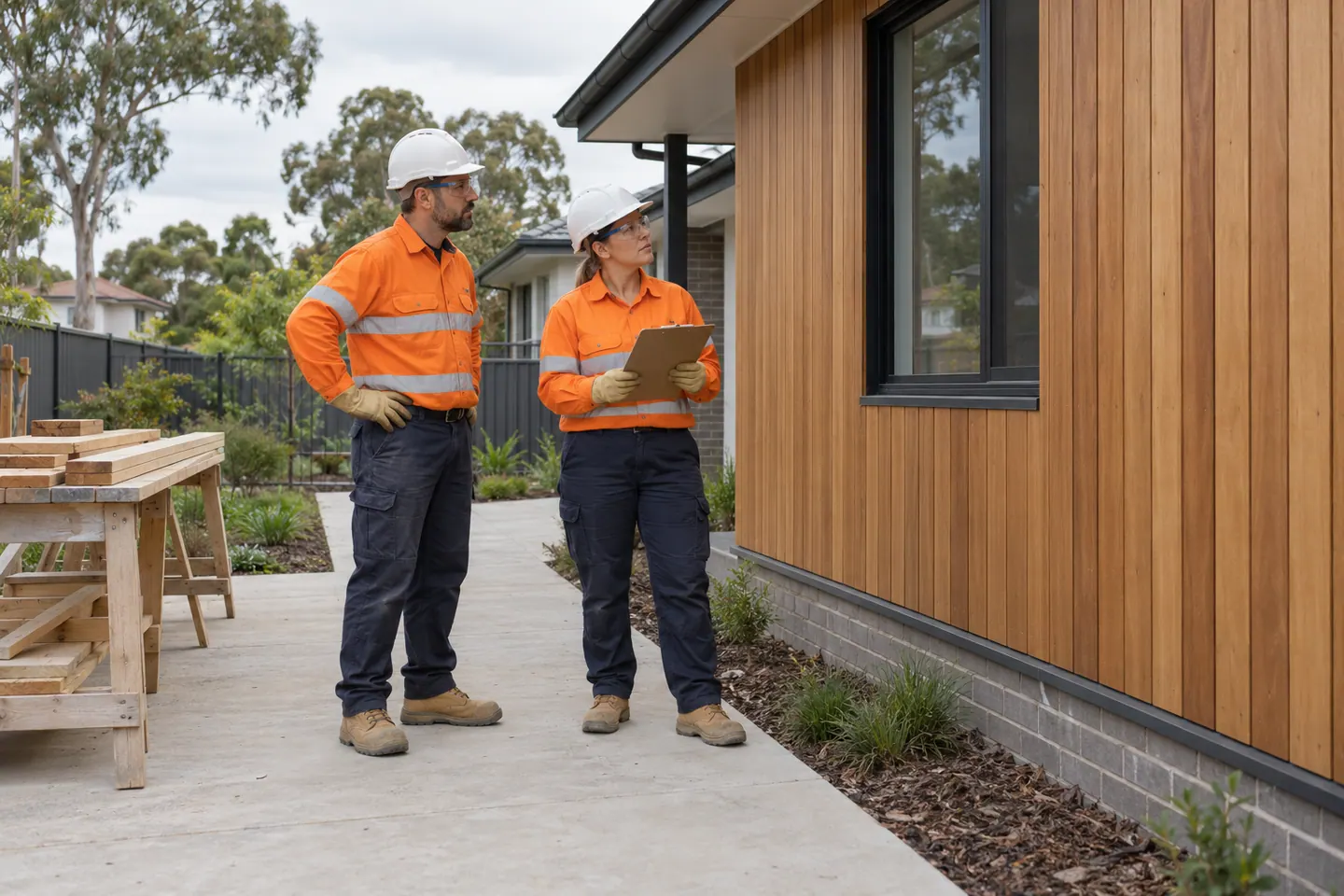 A carpenter plans cladding at a paused work area.