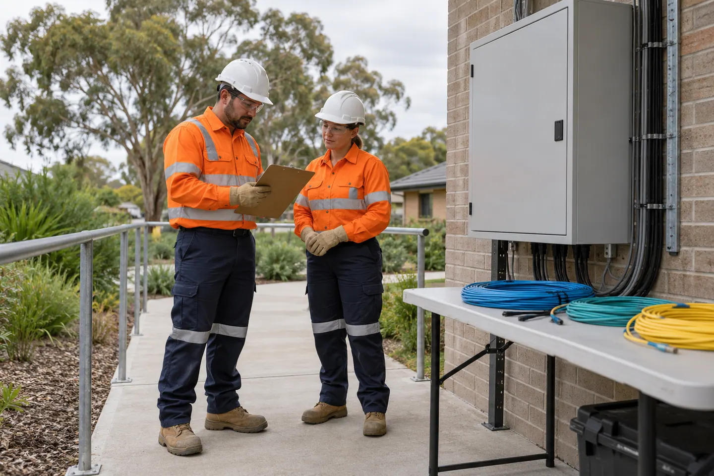 A data technician plans communications data installation at a paused work area.