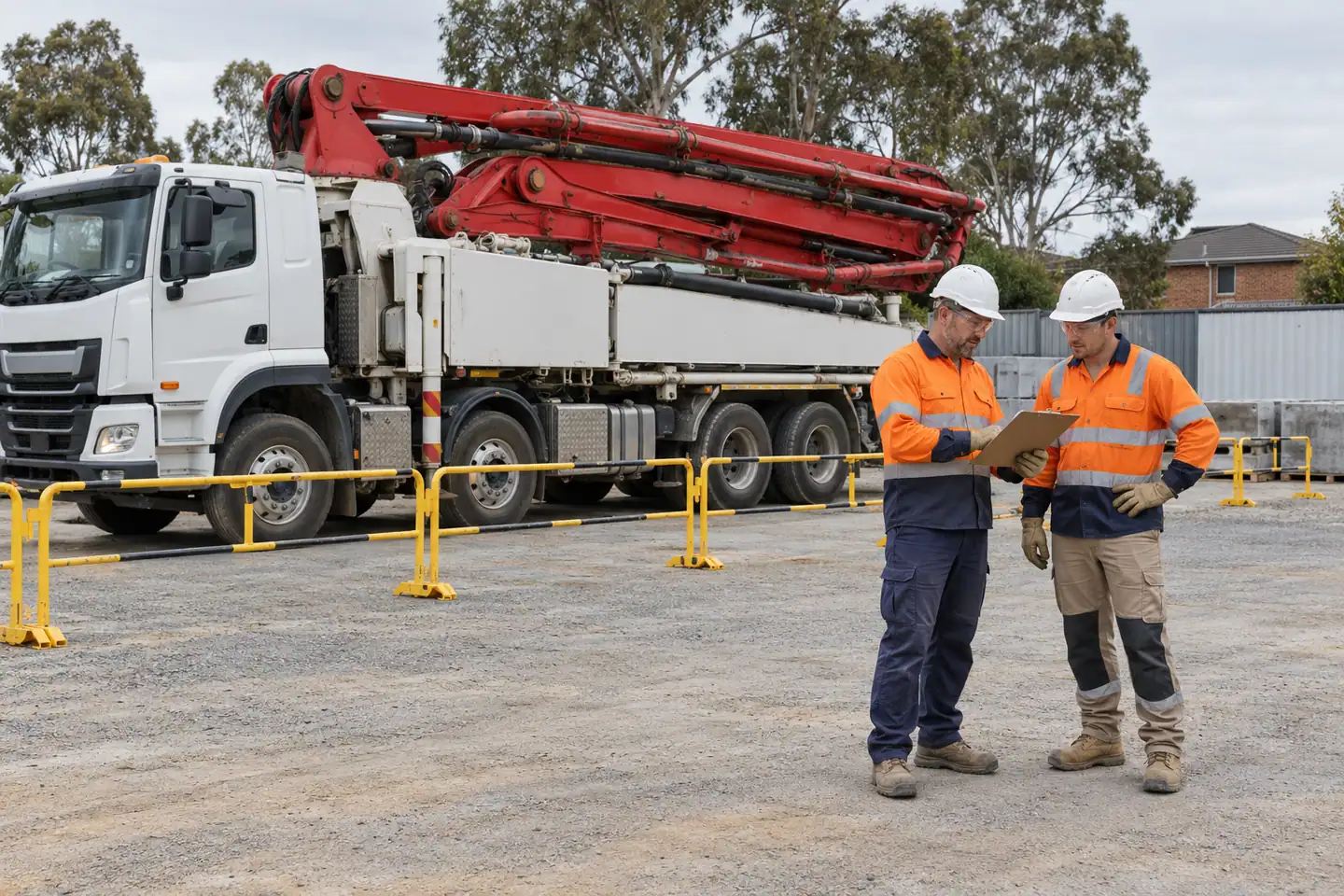A concreting supervisor plans concrete boom or line pumping at a paused work area.