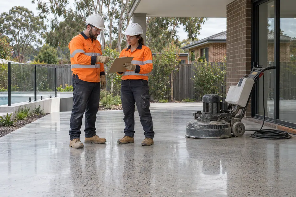 Two workers plan concrete grinding beside a floor grinder.