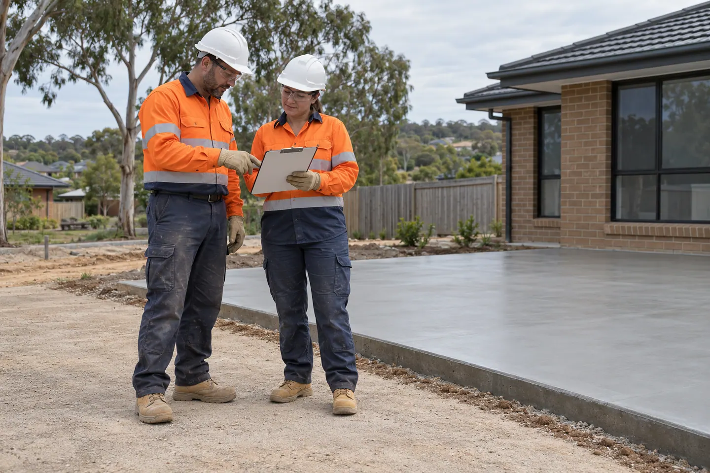 A concrete finisher plans concrete placement and finishing at a paused work area.