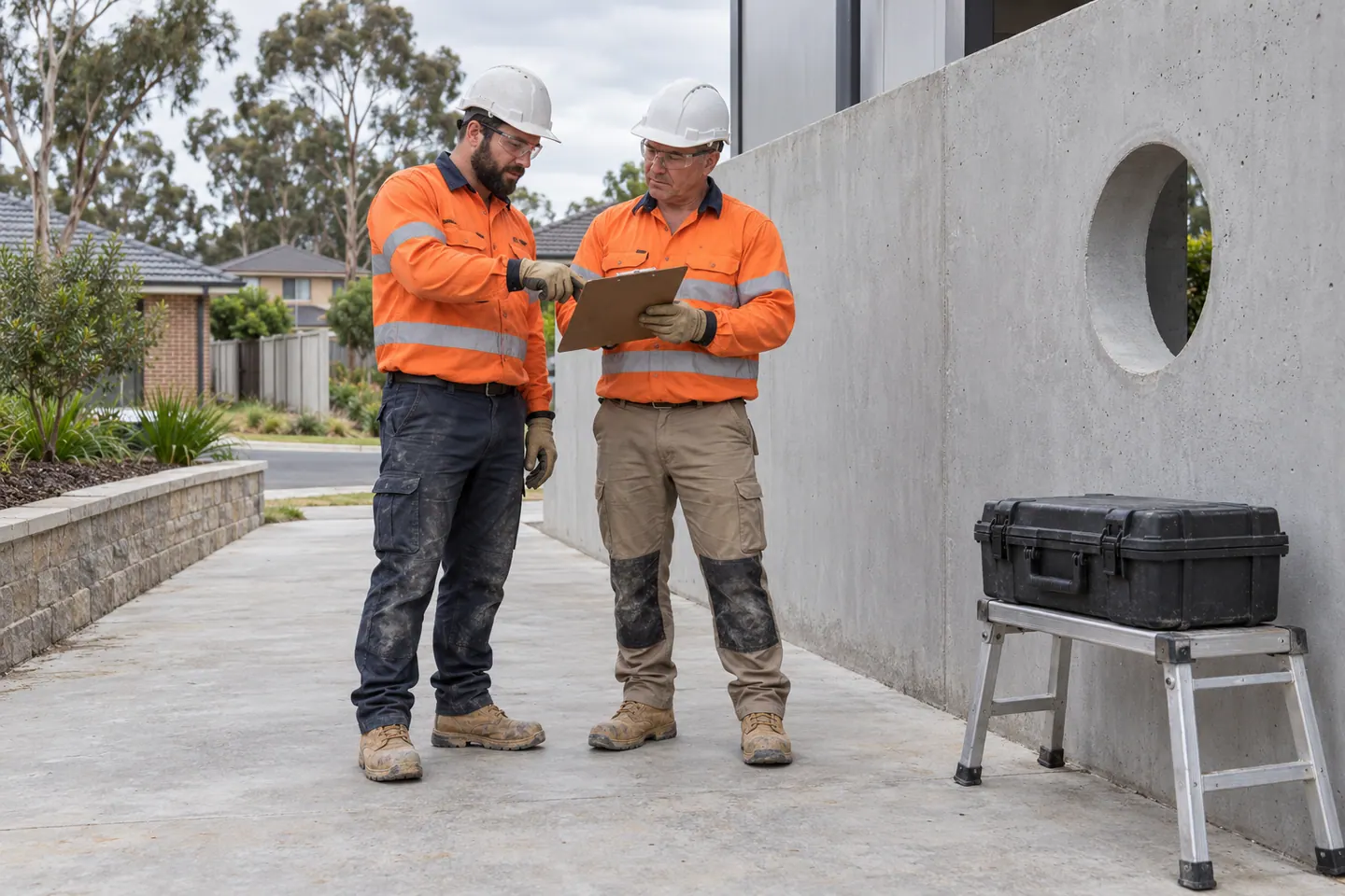 Two concrete workers plan work beside a closed case and a completed circular opening in a wall.