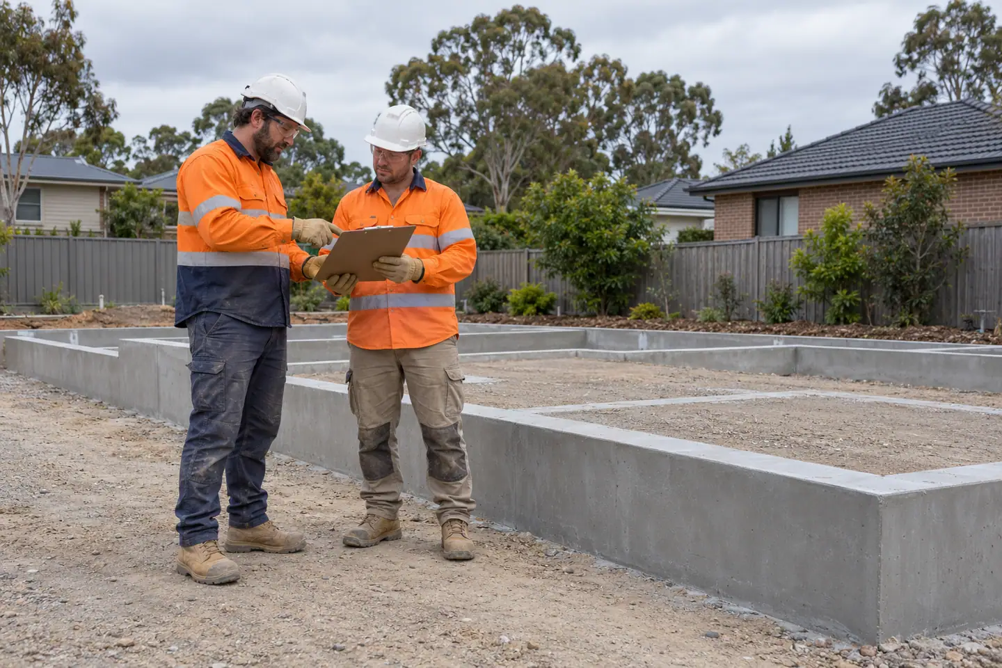 Two steel fixers review a clipboard beside finished concrete footings.